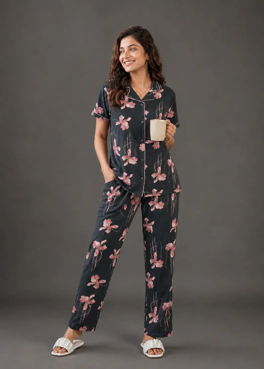 Charcoal Grey Floral Pajama Set