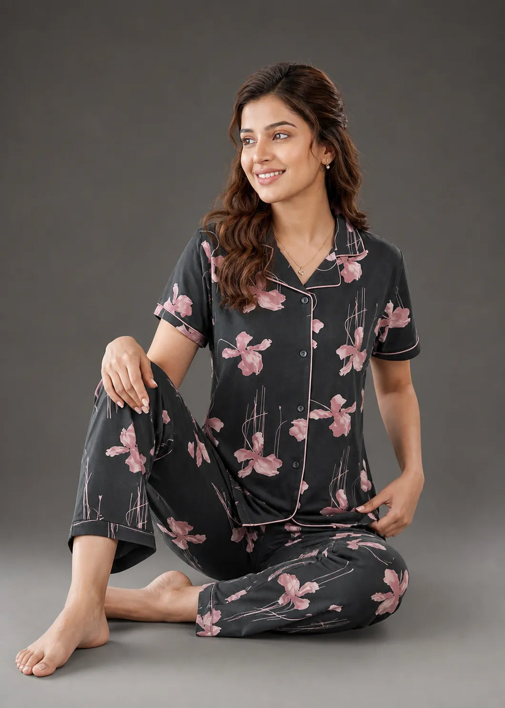 Charcoal Grey Floral Pajama Set
