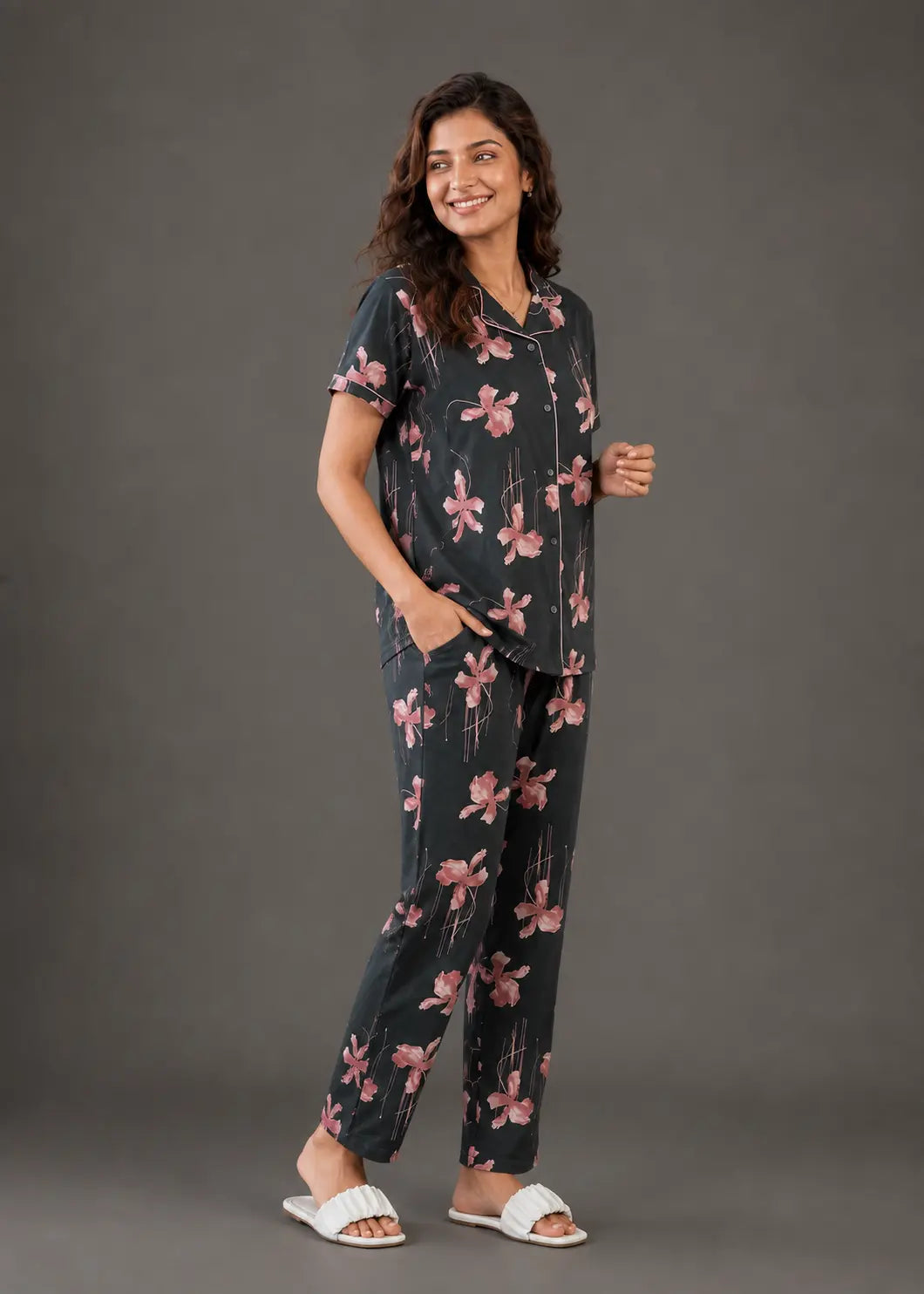 Charcoal Grey Floral Pajama Set