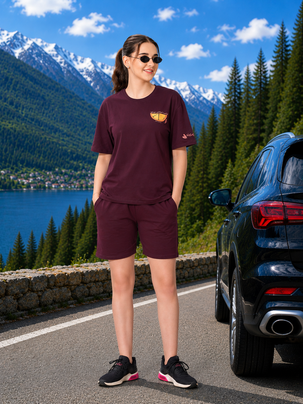 Burgundy Orange Graphic Travelwear Short Set