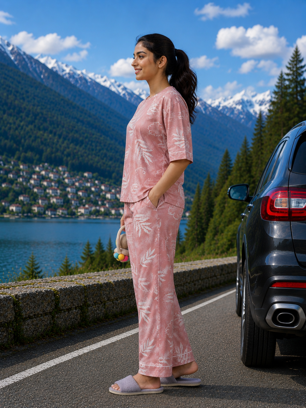 Dusty Rose Leaf Print Loungewear Set