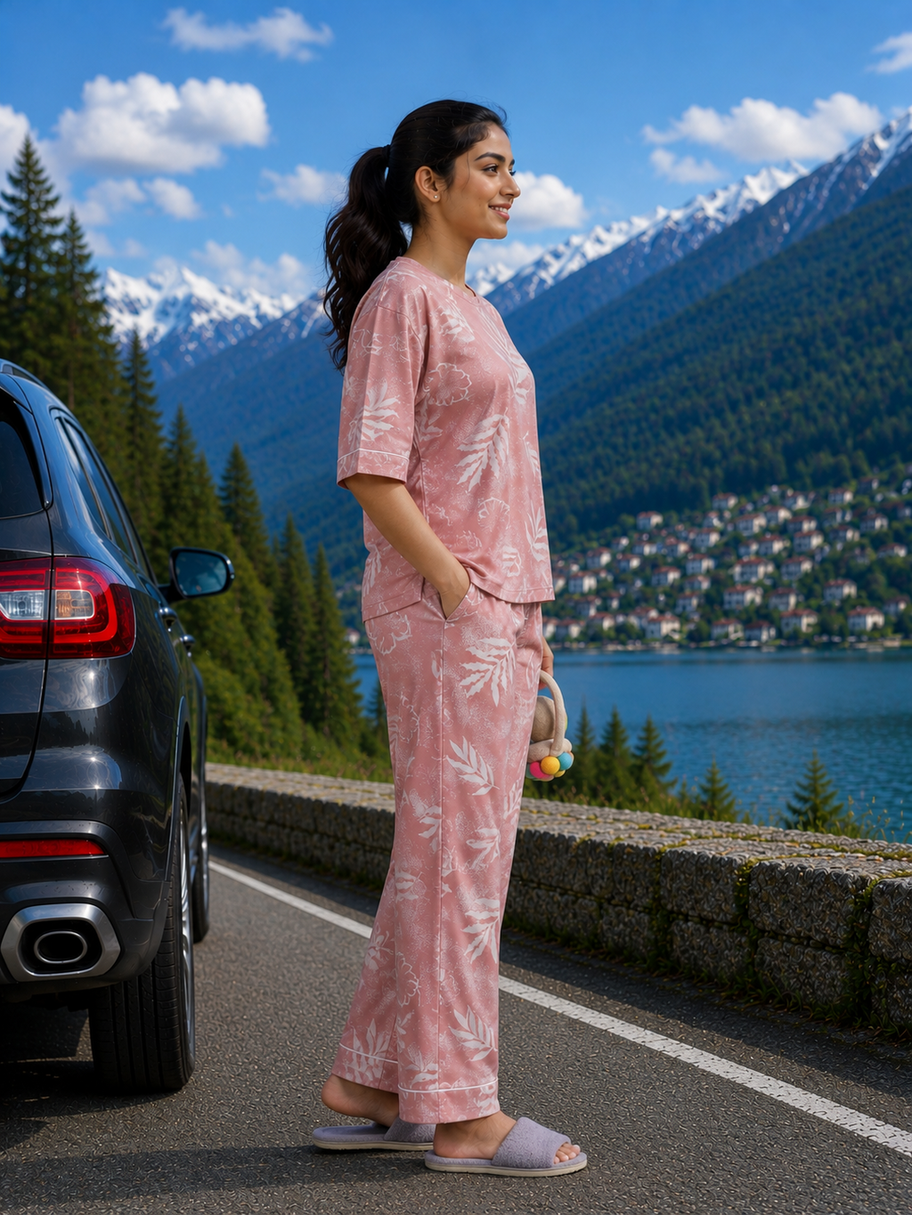 Dusty Rose Leaf Print Loungewear Set