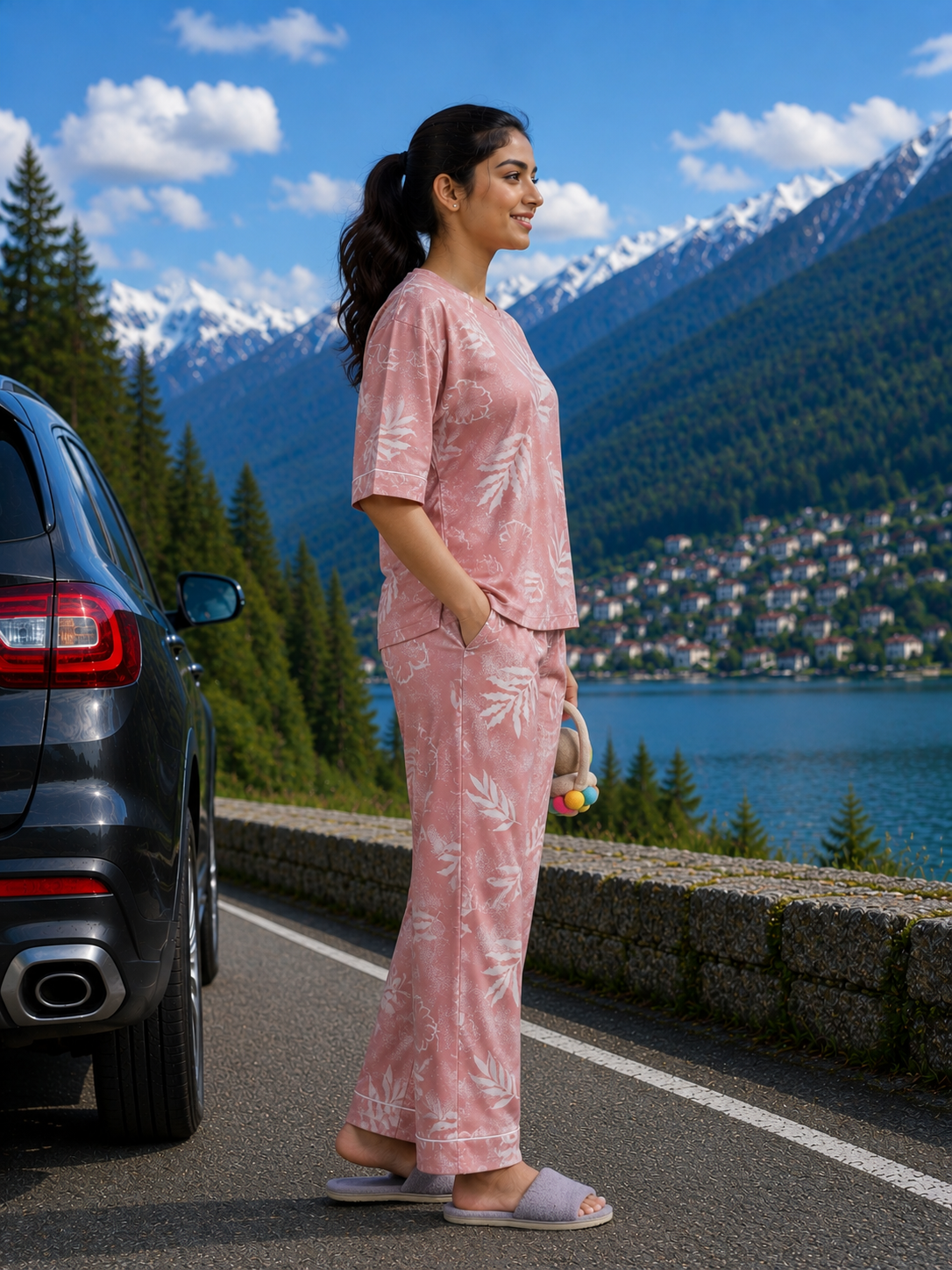 Dusty Rose Leaf Print Loungewear Set