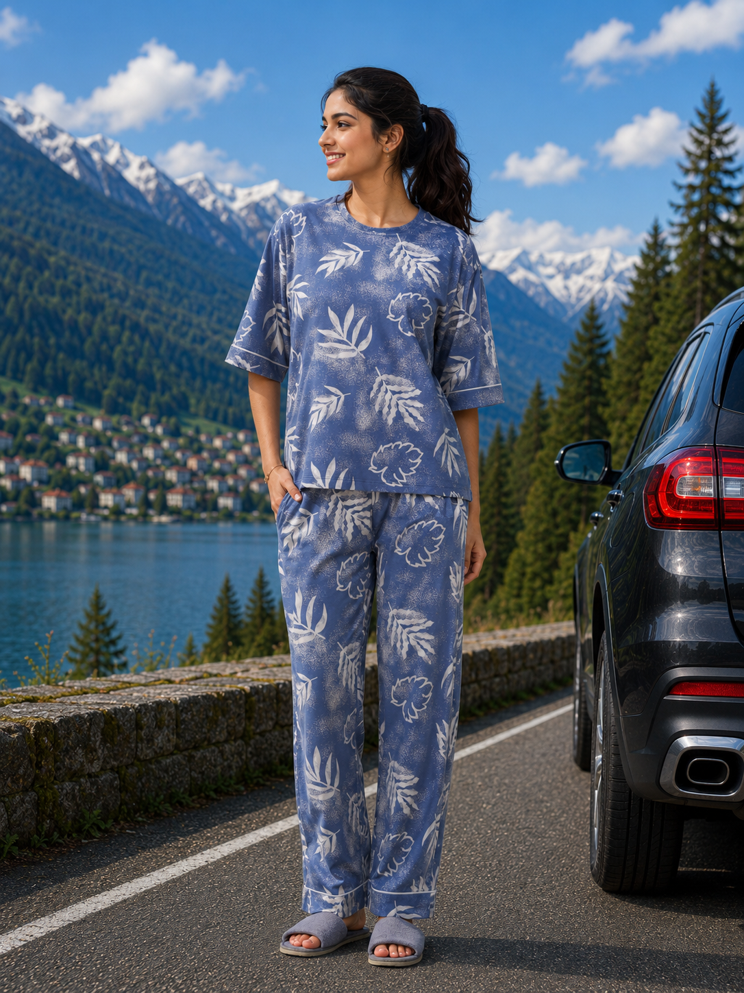 Blue Leaf Print Loungewear Set