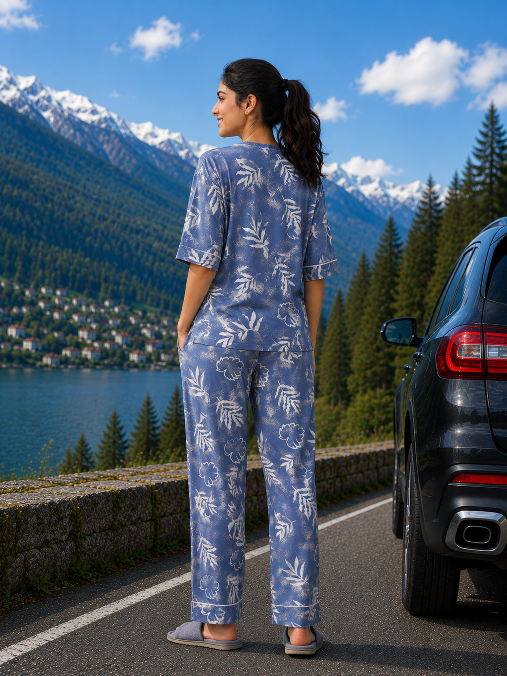 Blue Leaf Print Loungewear Set