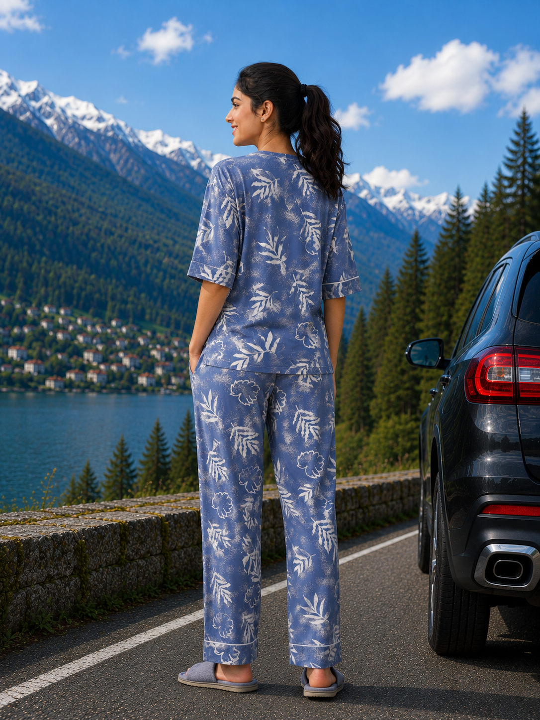 Blue Leaf Print Loungewear Set