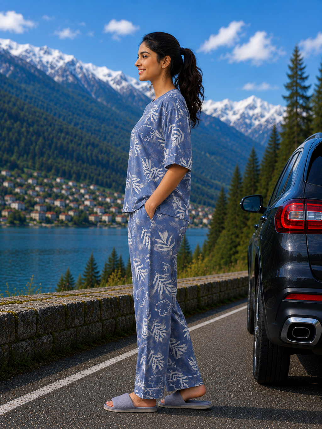 Blue Leaf Print Loungewear Set