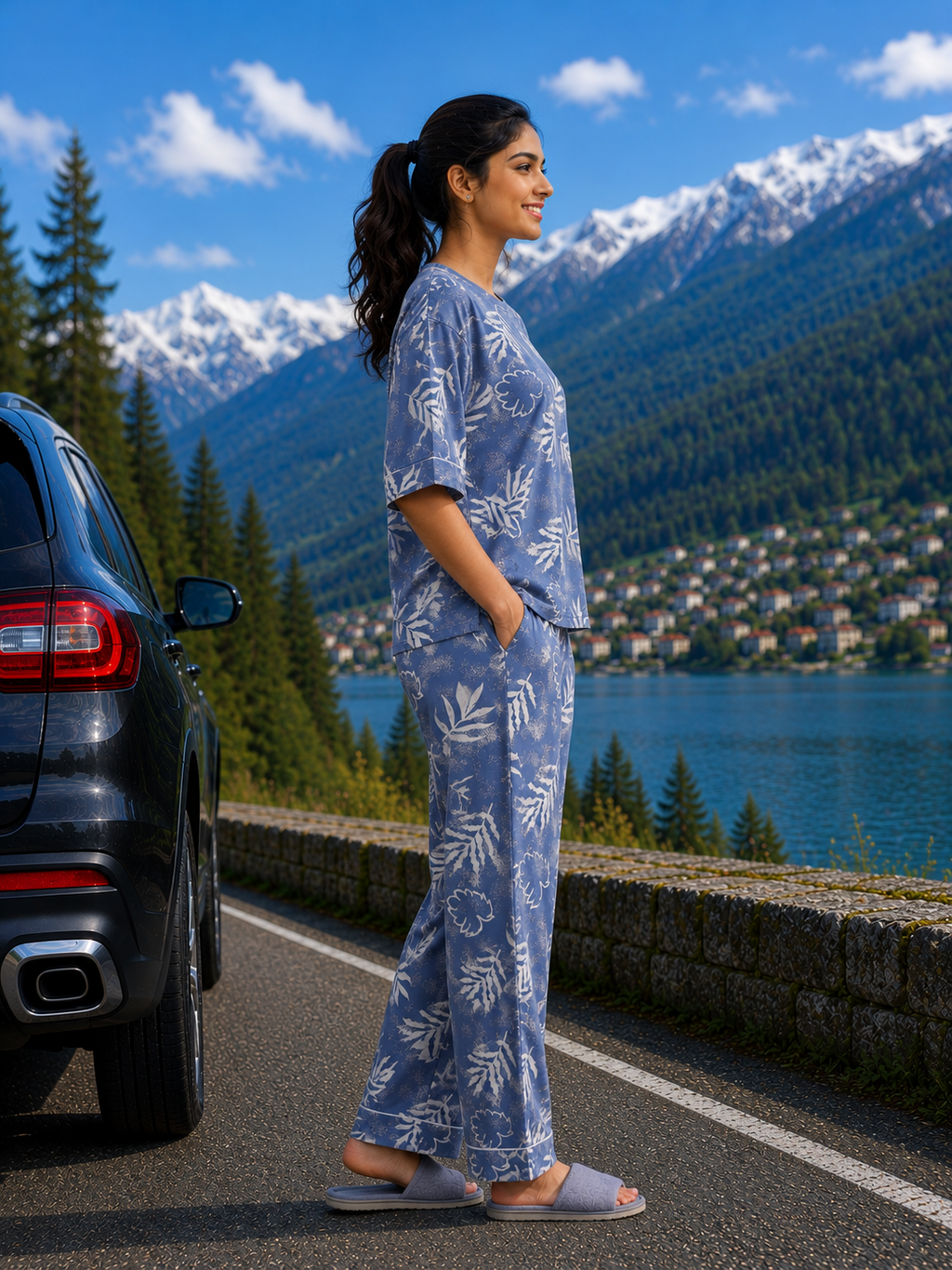 Blue Leaf Print Loungewear Set