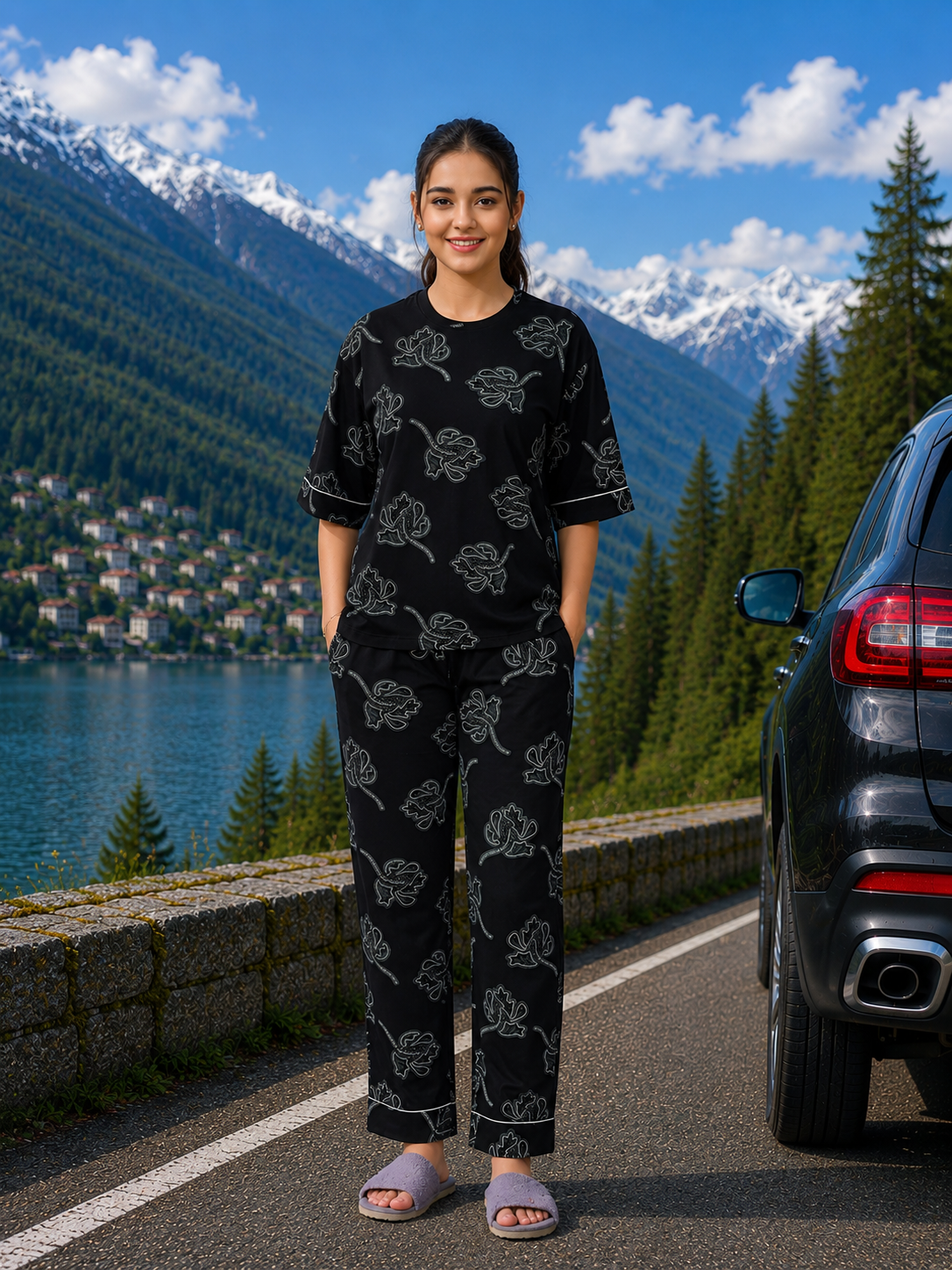 Black Floral Cotton Nightsuit Set