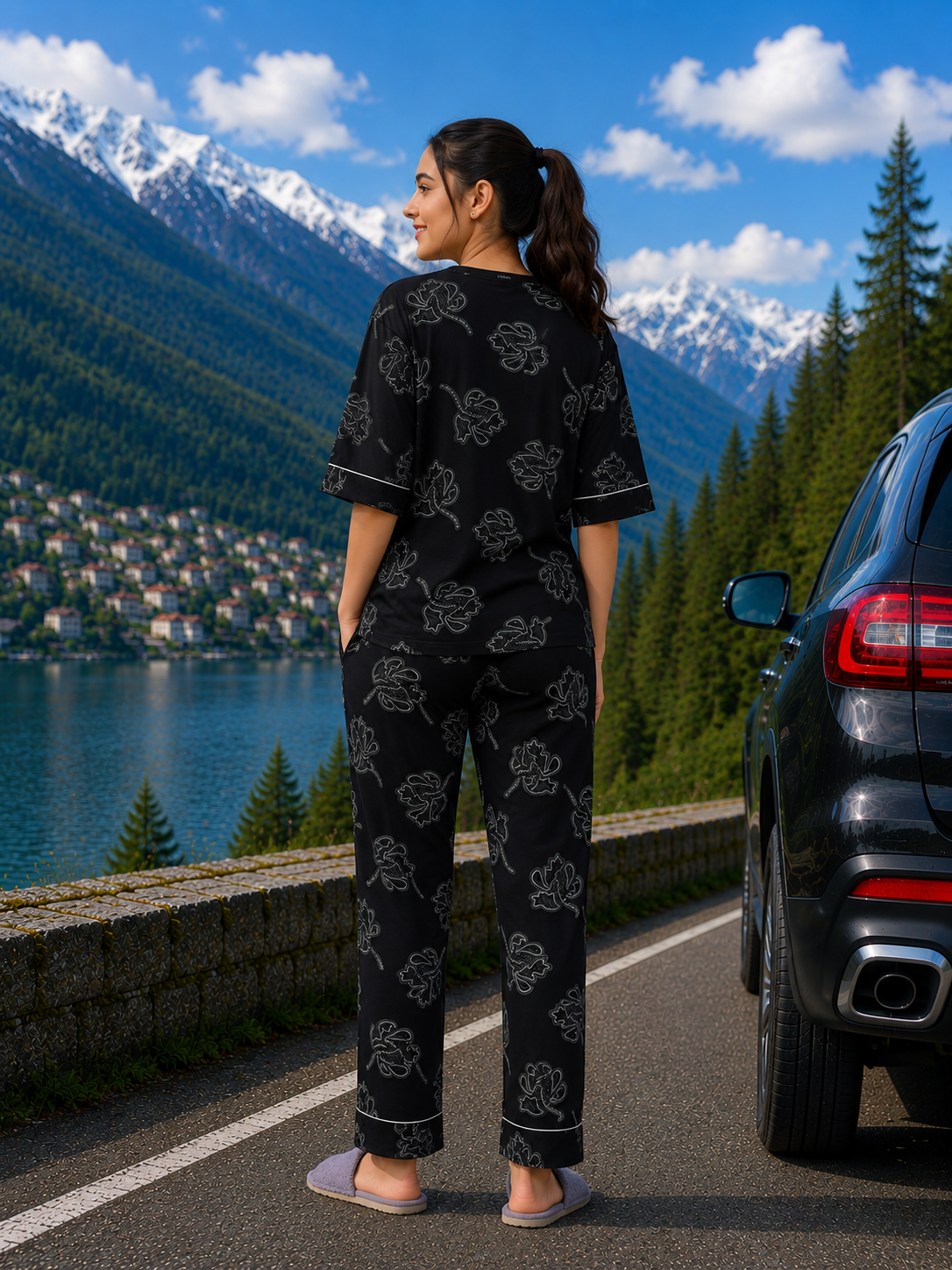 Black Floral Cotton Nightsuit Set