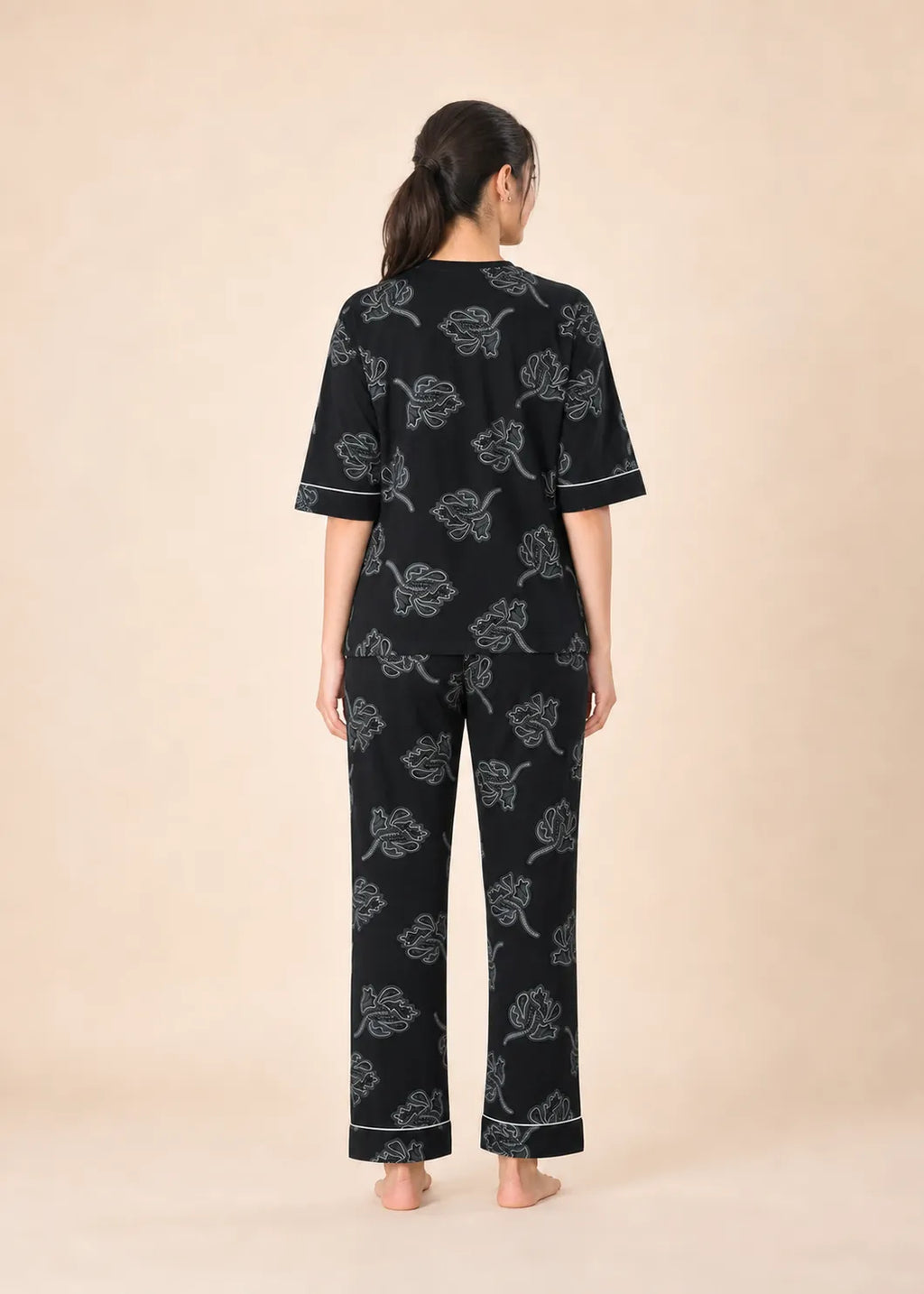 Black Floral Cotton Nightsuit Set