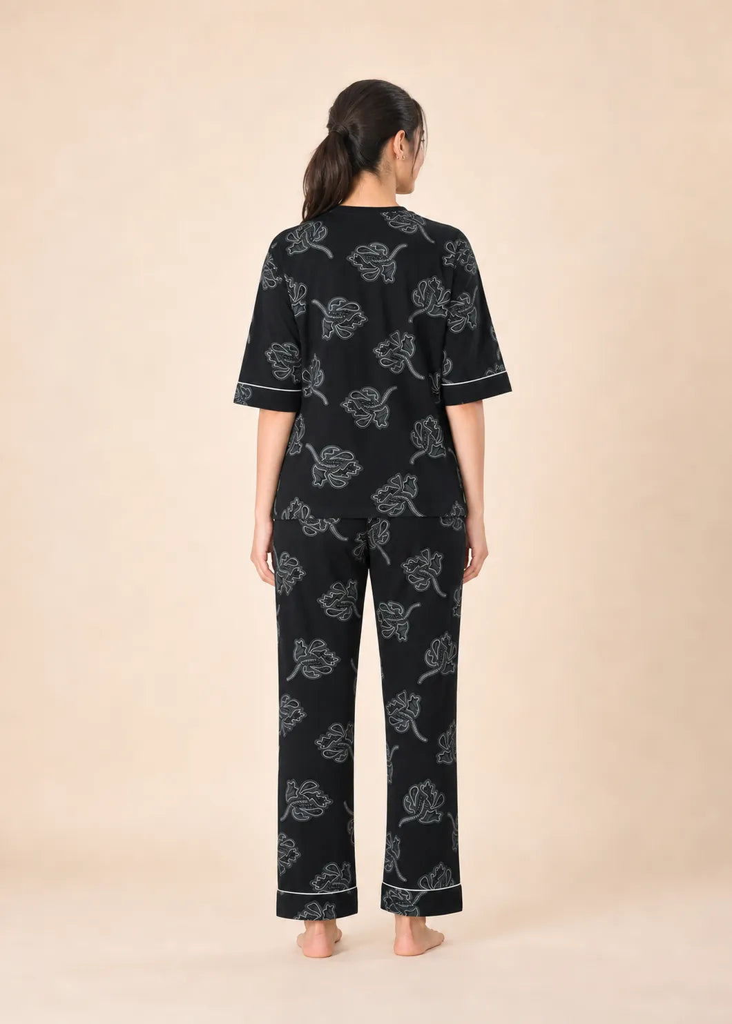 Black Floral Cotton Nightsuit Set