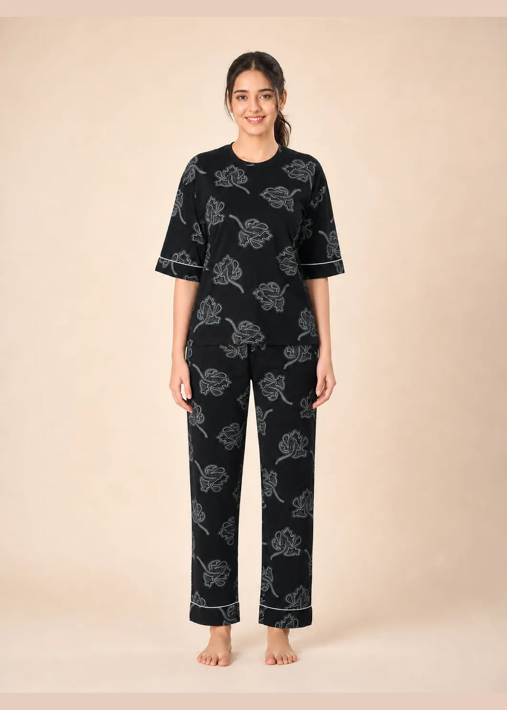 Black Floral Cotton Nightsuit Set