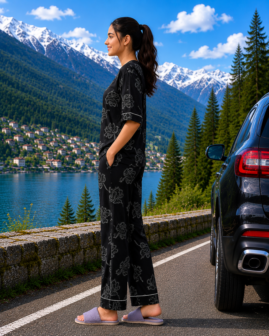 Black Floral Cotton Nightsuit Set