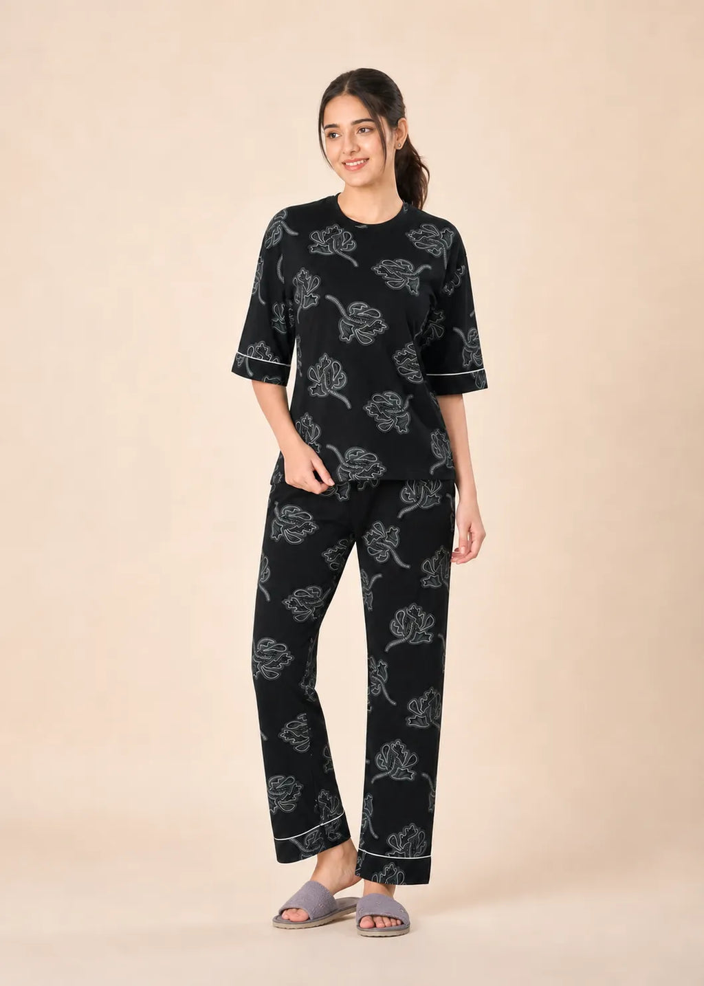 Black Floral Cotton Nightsuit Set