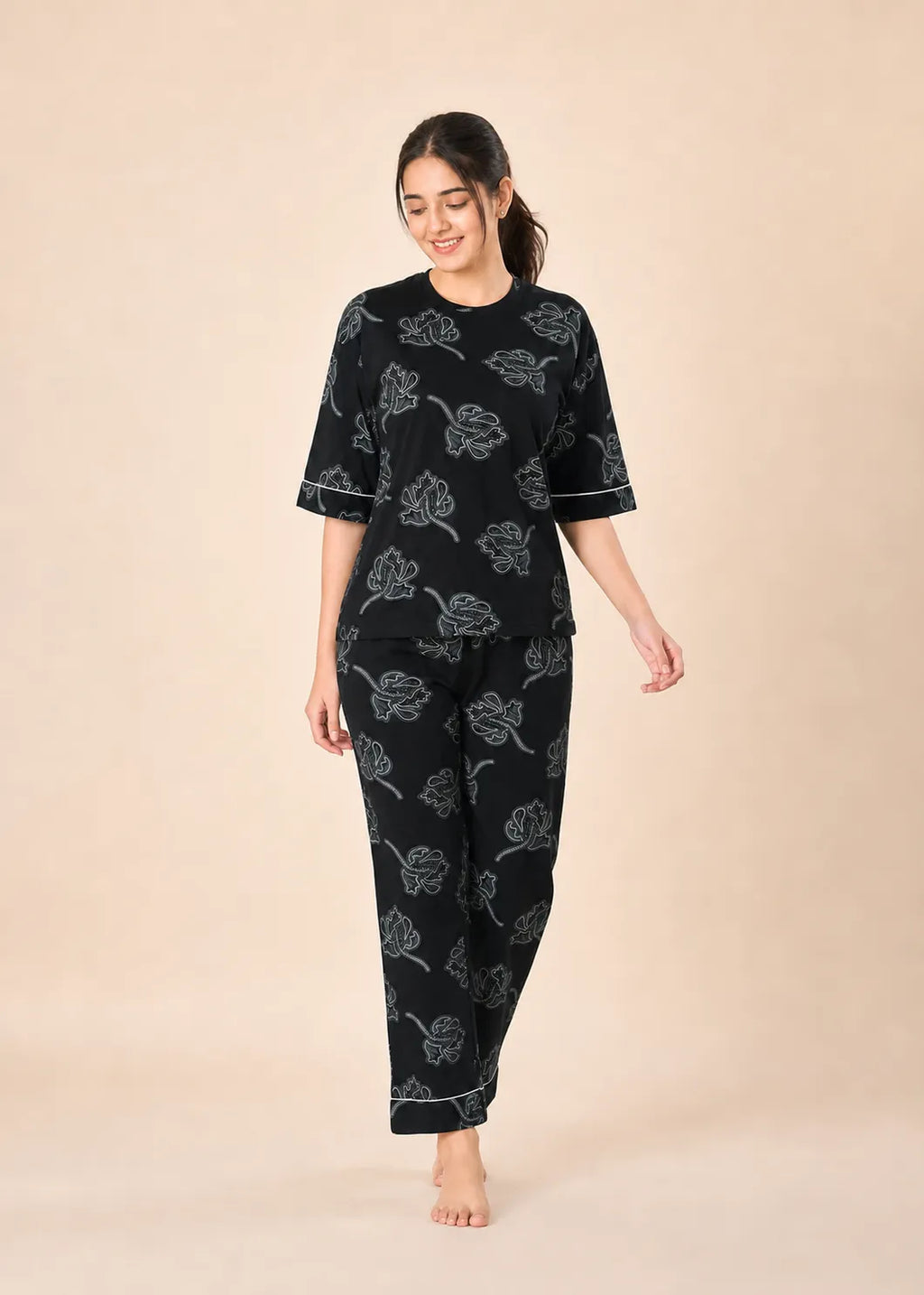 Black Floral Cotton Nightsuit Set