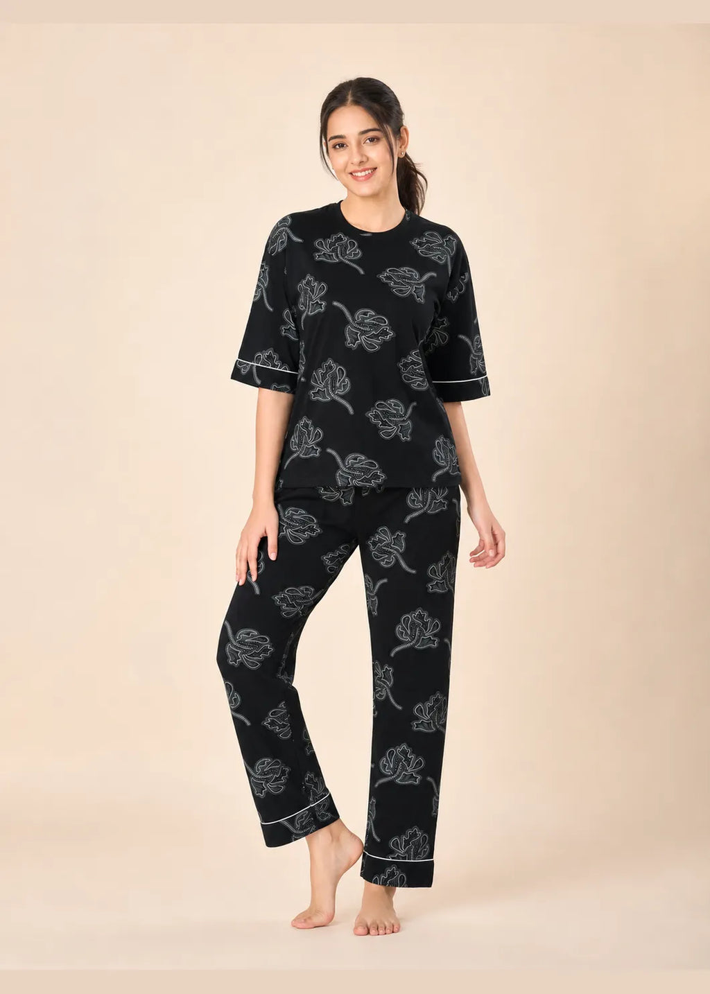 Black Floral Cotton Nightsuit Set