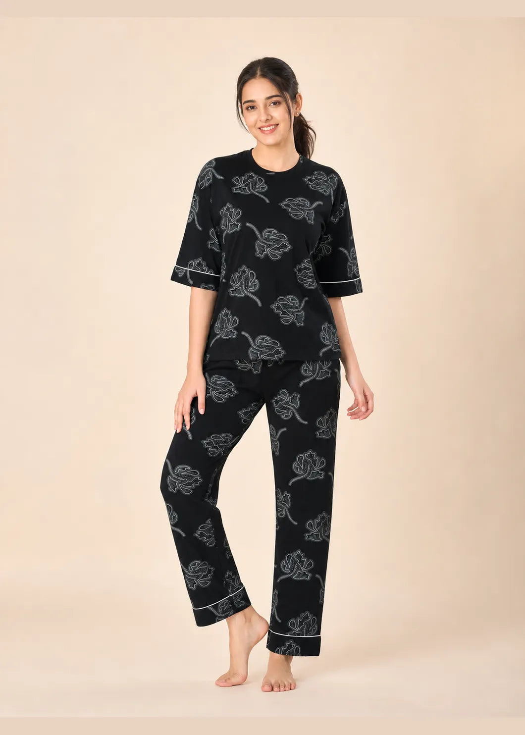 Black Floral Cotton Nightsuit Set