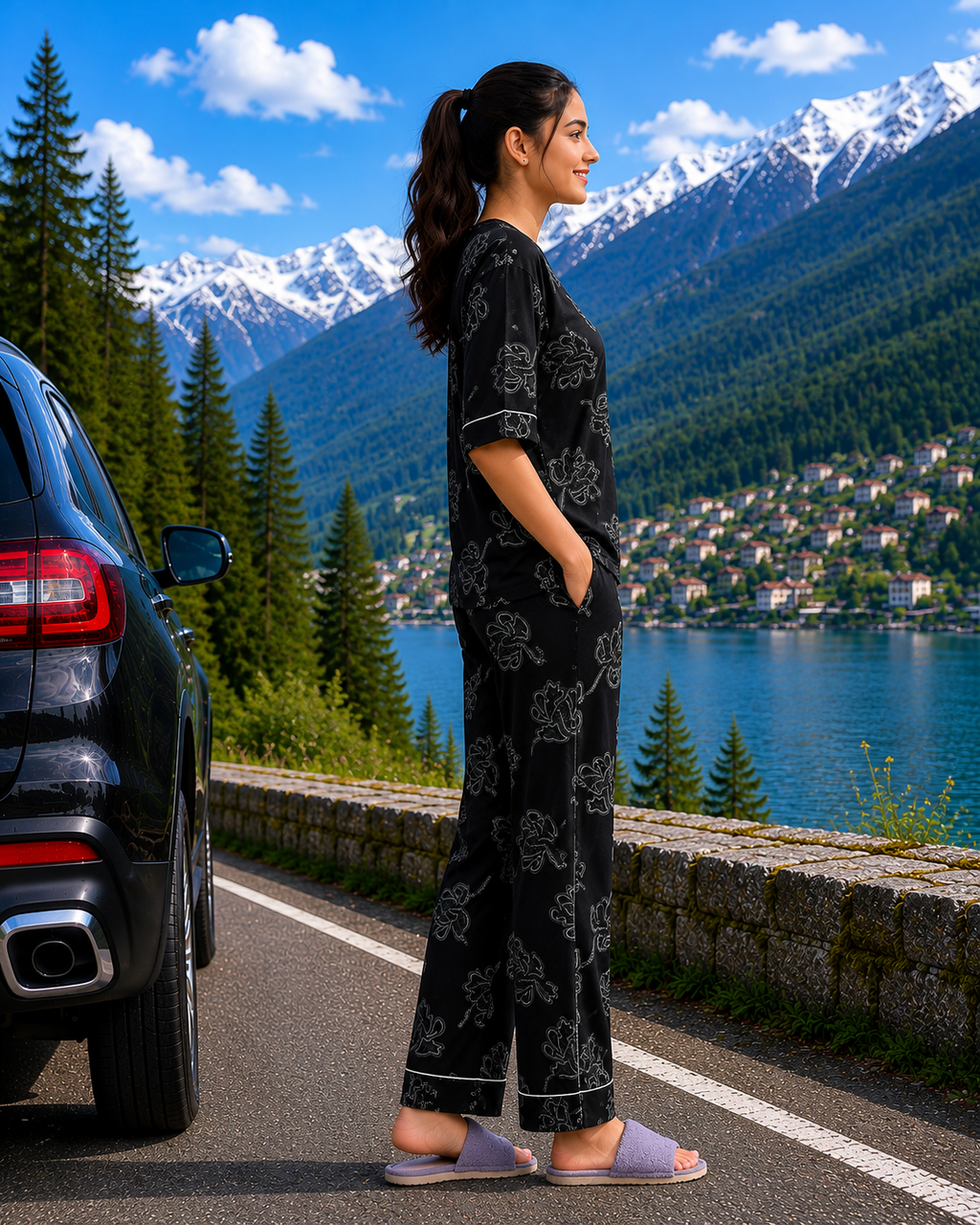 Black Floral Cotton Nightsuit Set