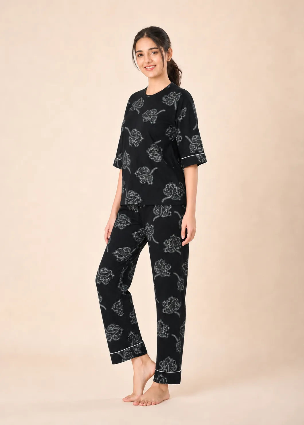 Black Floral Cotton Nightsuit Set