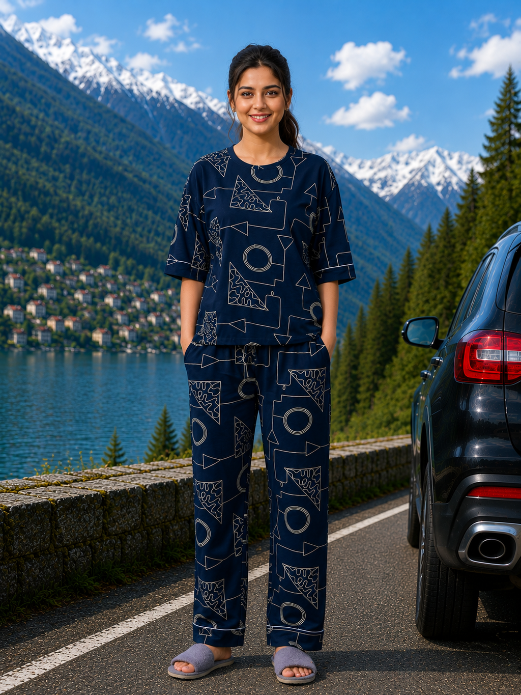 Navy Geometric Cotton Nightsuit Set