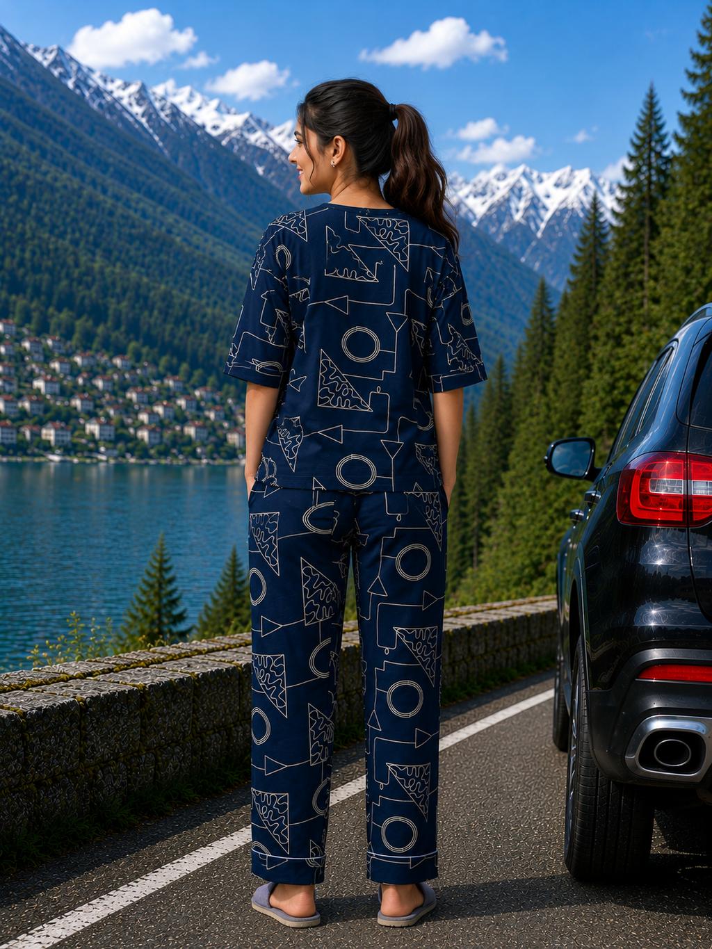 Navy Geometric Cotton Nightsuit Set