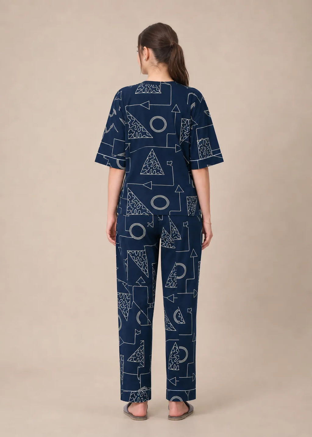 Navy Geometric Cotton Nightsuit Set