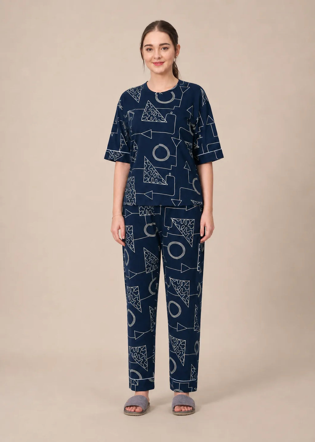 Navy Geometric Cotton Nightsuit Set