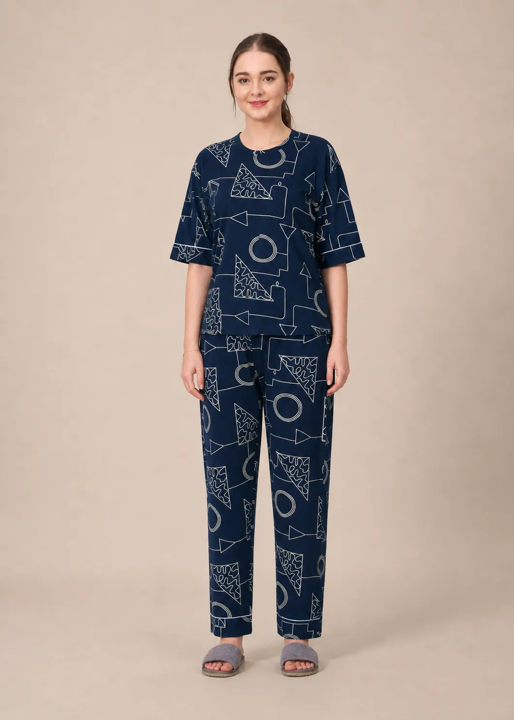 Navy Geometric Cotton Nightsuit Set