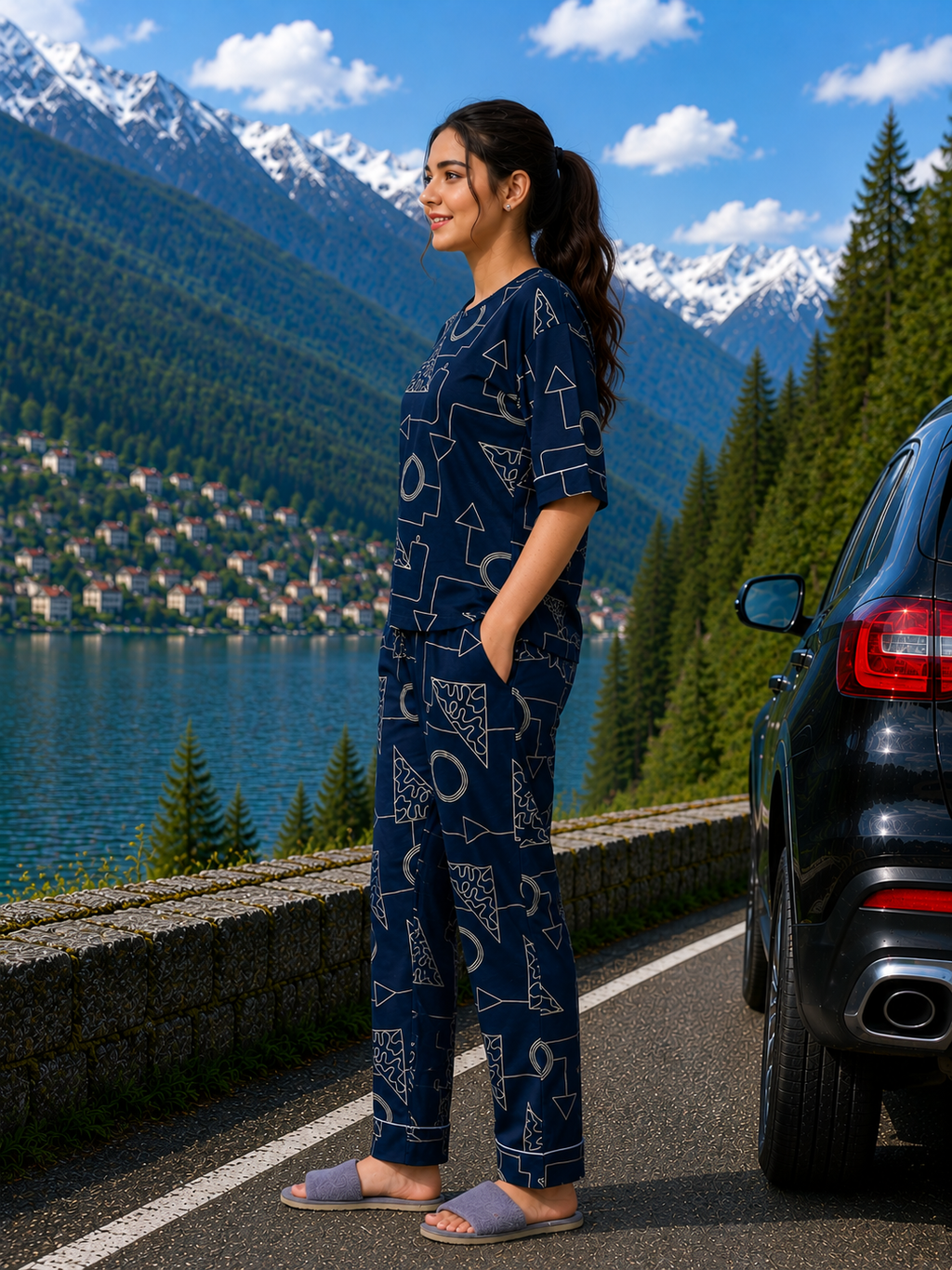 Navy Geometric Cotton Nightsuit Set
