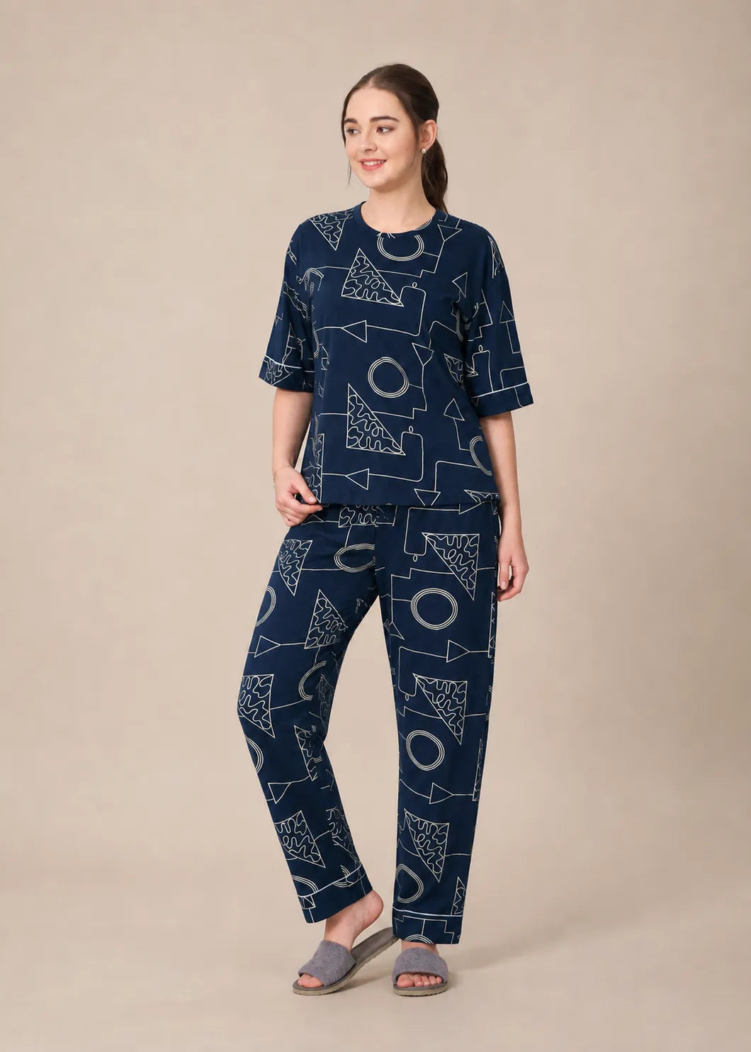 Navy Geometric Cotton Nightsuit Set