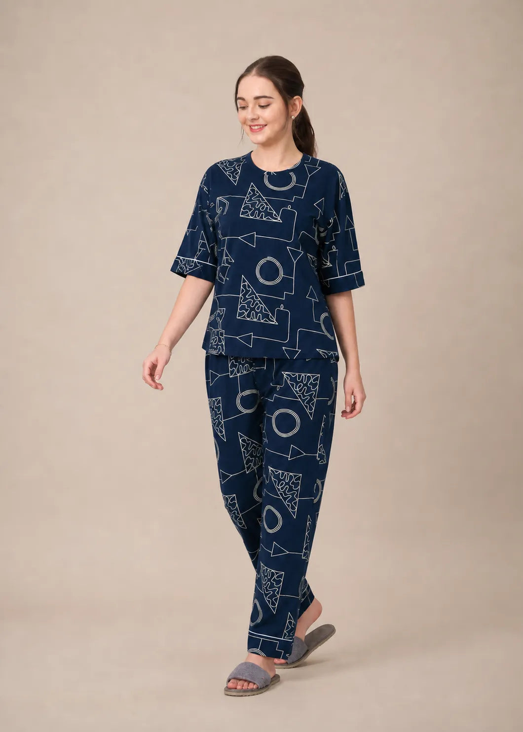 Navy Geometric Cotton Nightsuit Set
