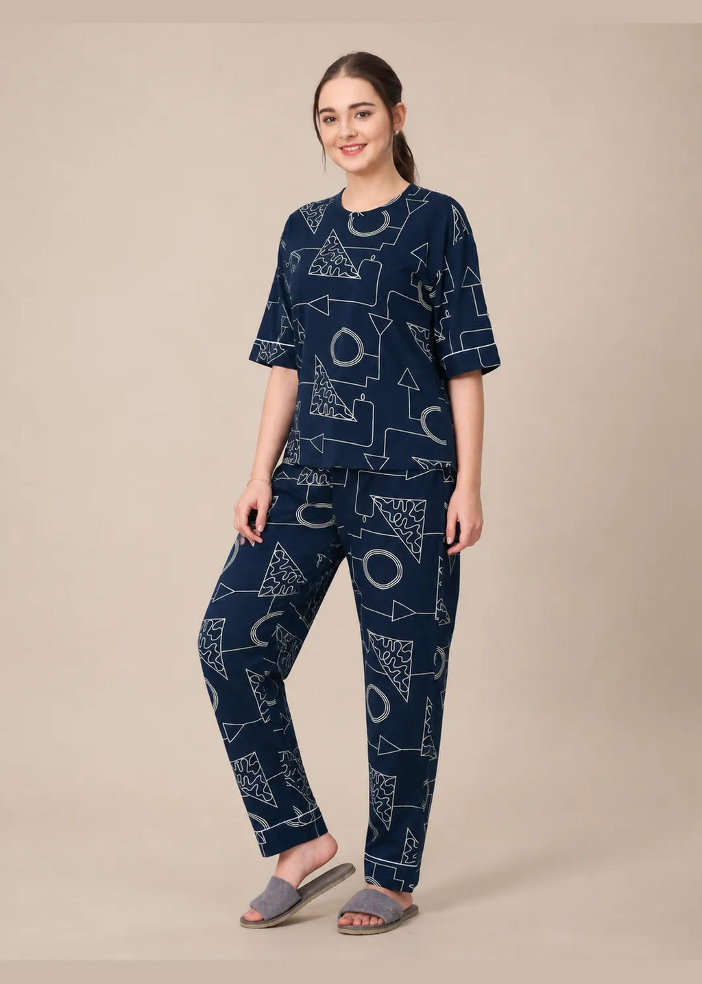 Navy Geometric Cotton Nightsuit Set