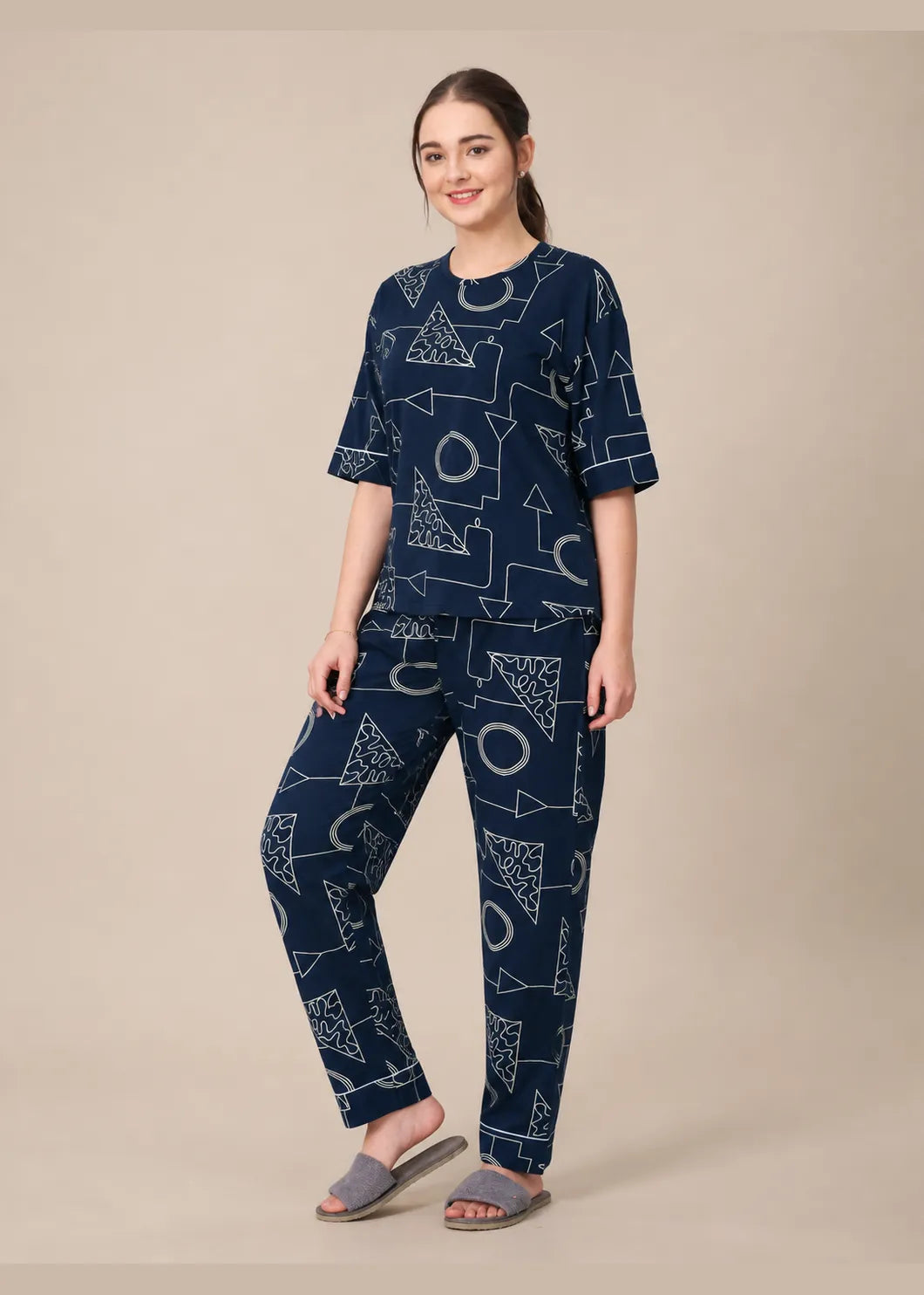 Navy Geometric Cotton Nightsuit Set
