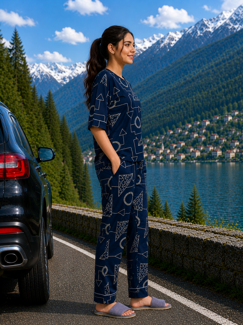 Navy Geometric Cotton Nightsuit Set