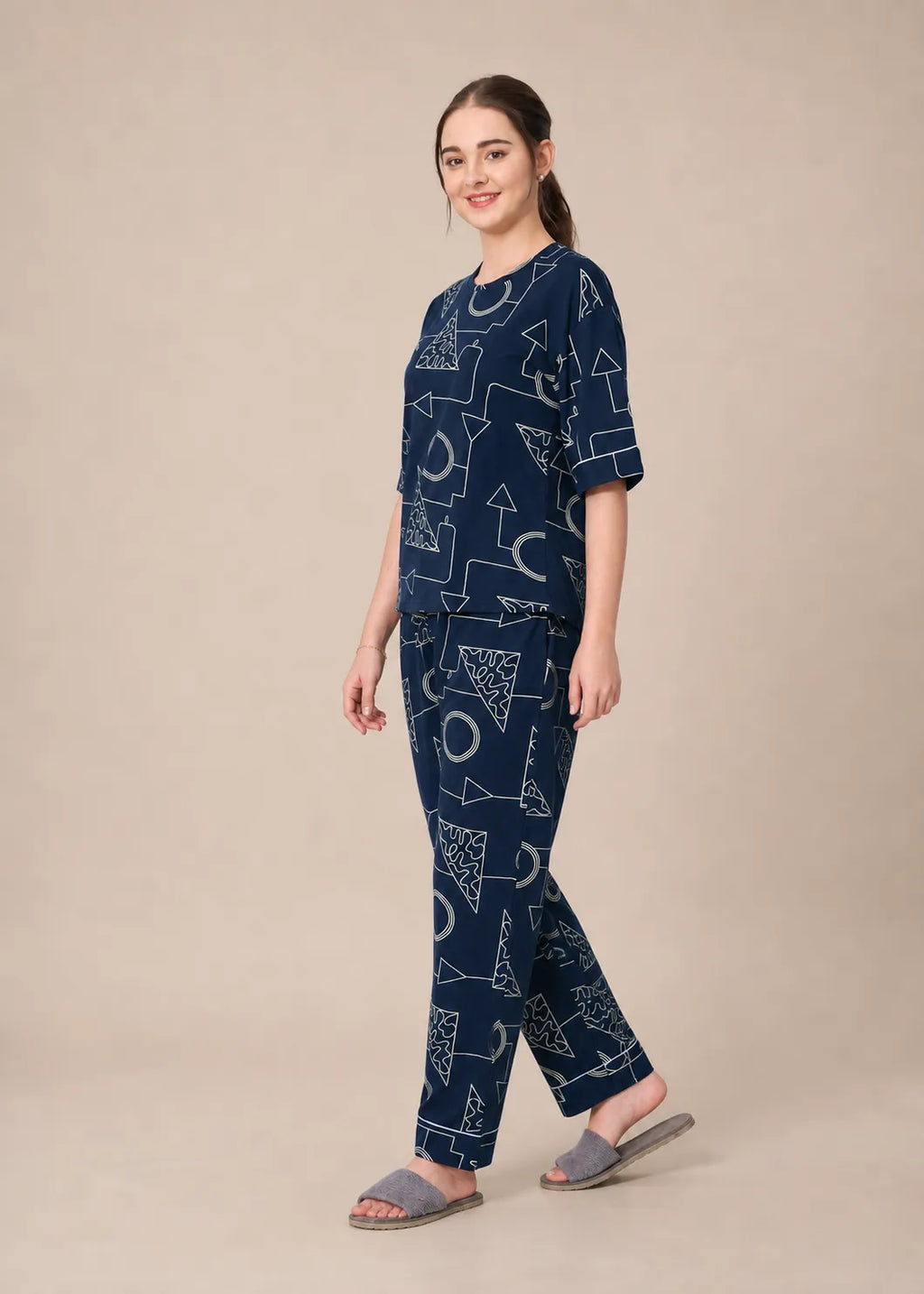 Navy Geometric Cotton Nightsuit Set