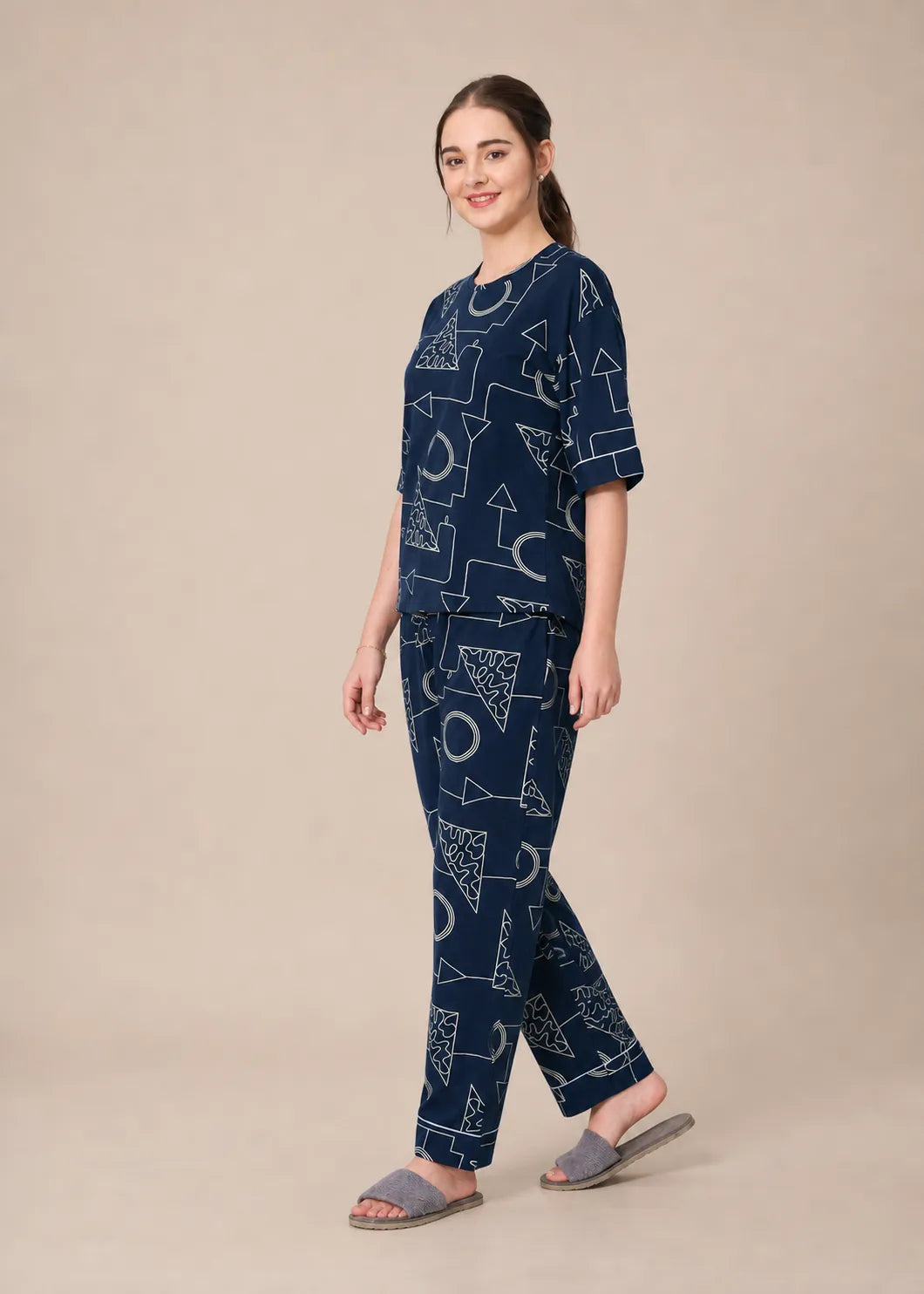 Navy Geometric Cotton Nightsuit Set