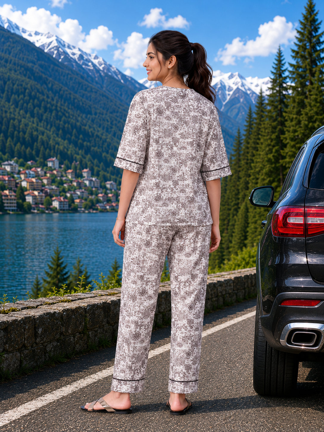 Grey Kalamkari Cotton Nightsuit Set