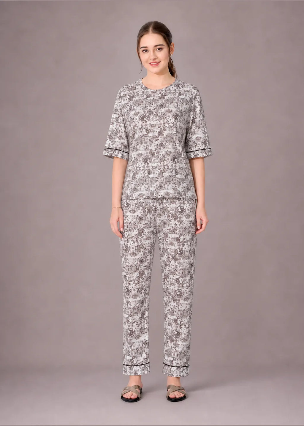 Grey Kalamkari Cotton Nightsuit Set