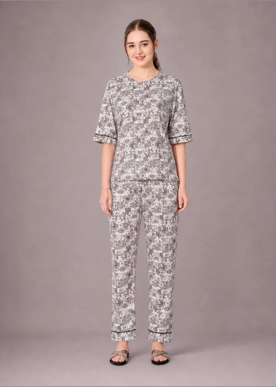 Grey Kalamkari Cotton Nightsuit Set