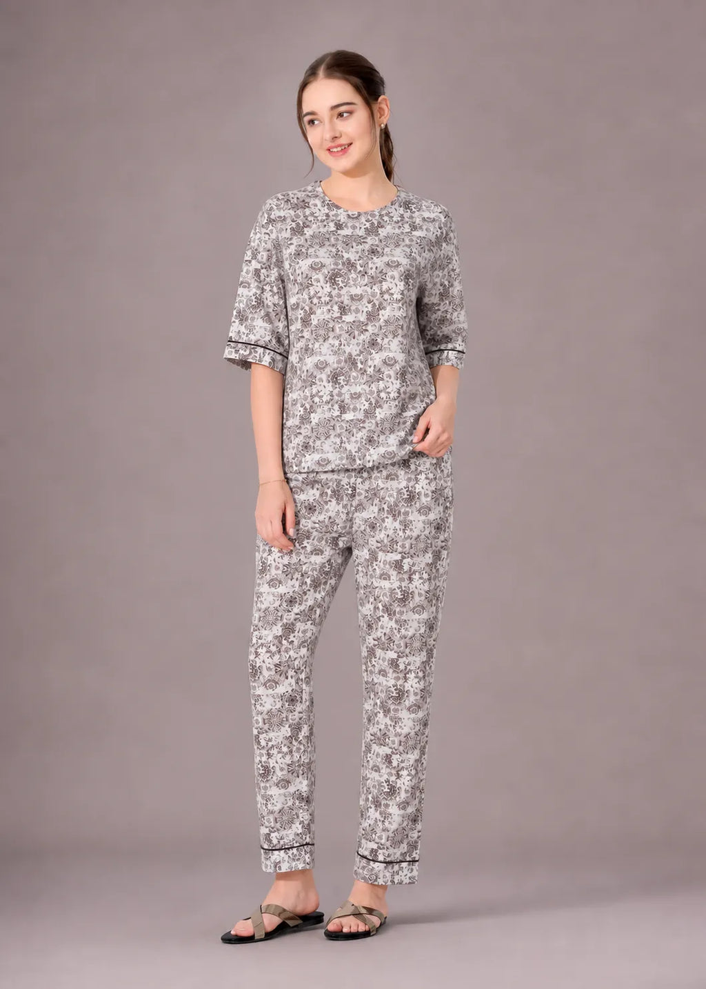 Grey Kalamkari Cotton Nightsuit Set