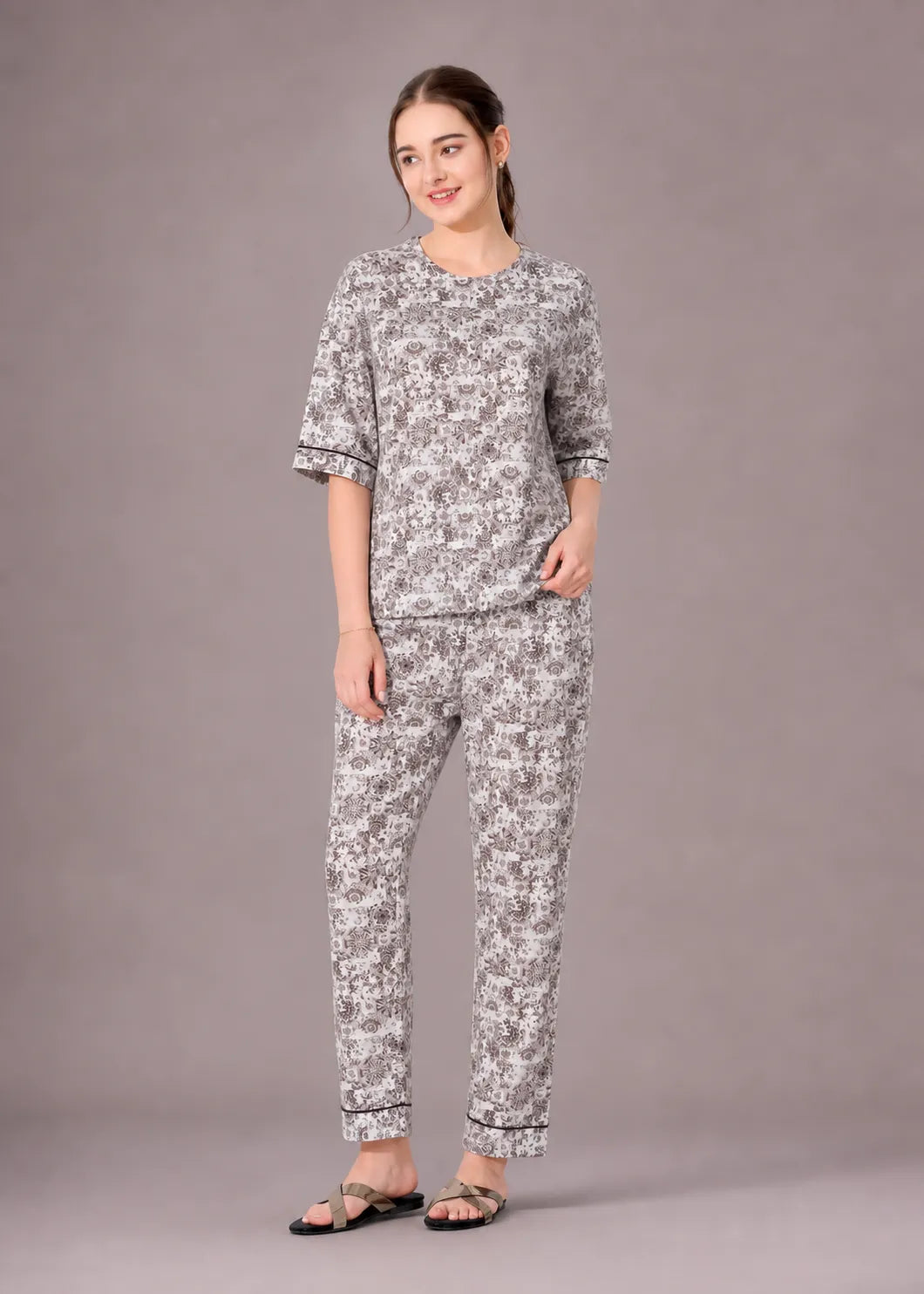 Grey Kalamkari Cotton Nightsuit Set