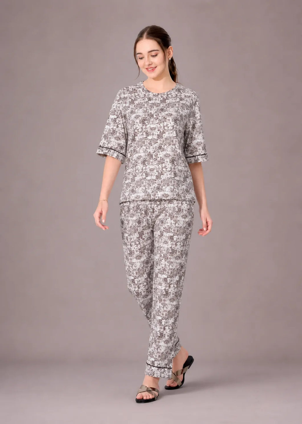 Grey Kalamkari Cotton Nightsuit Set