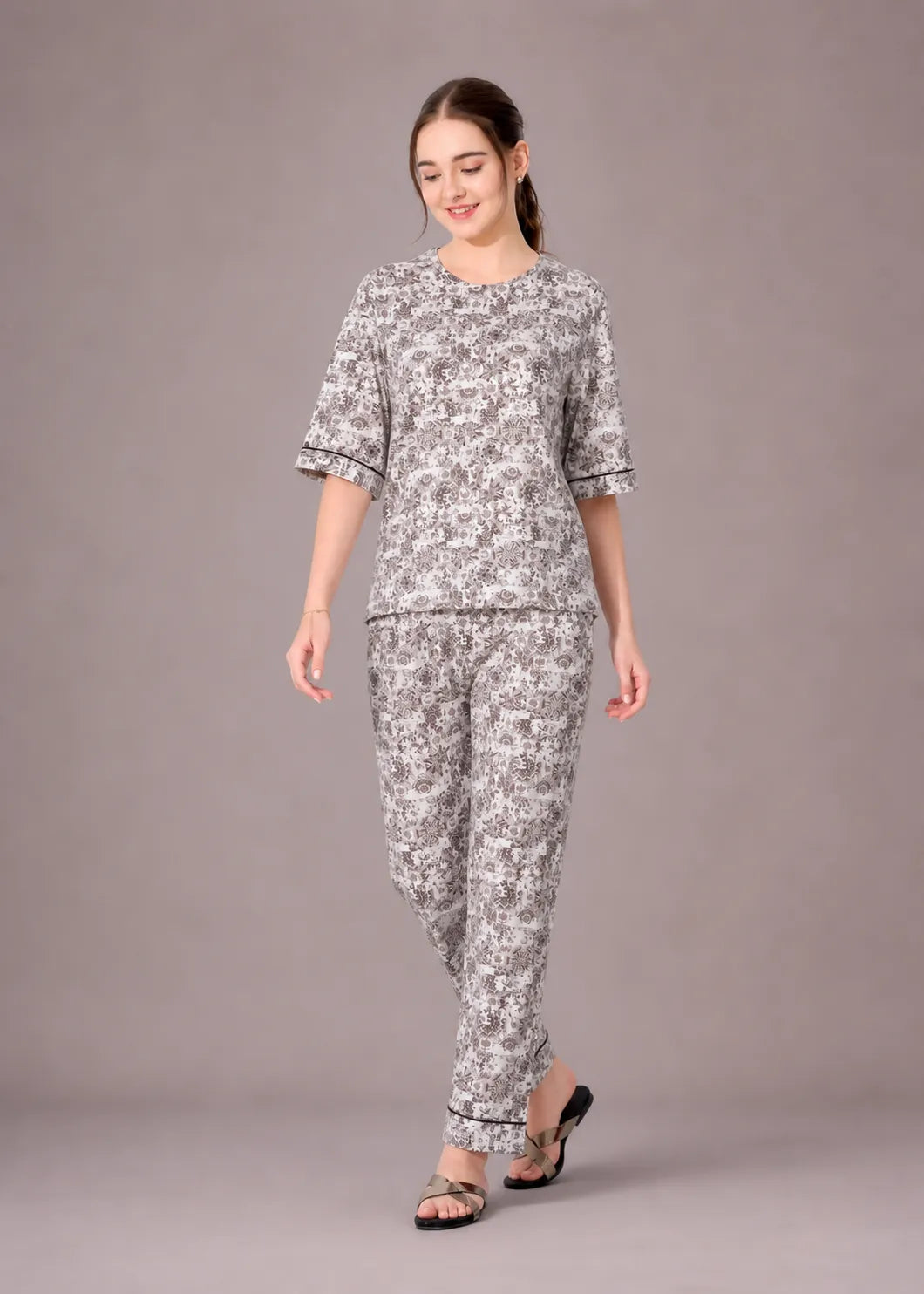 Grey Kalamkari Cotton Nightsuit Set