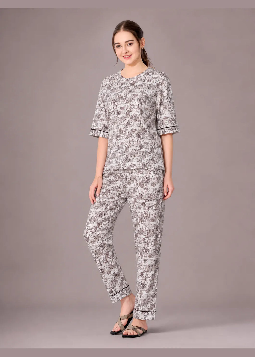 Grey Kalamkari Cotton Nightsuit Set