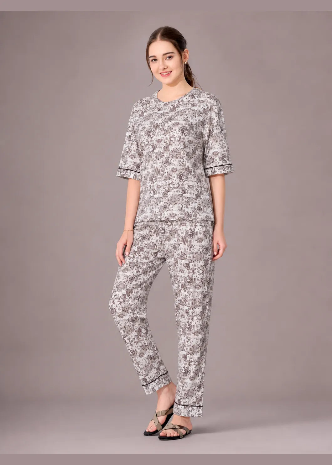 Grey Kalamkari Cotton Nightsuit Set