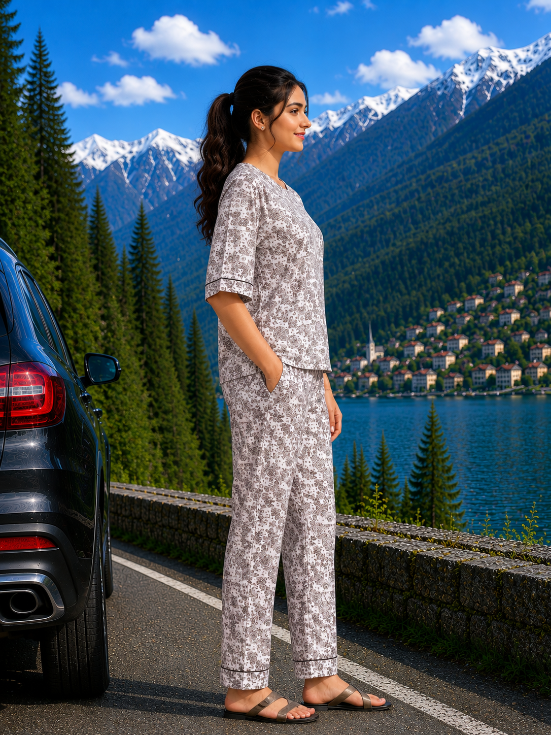 Grey Kalamkari Cotton Nightsuit Set
