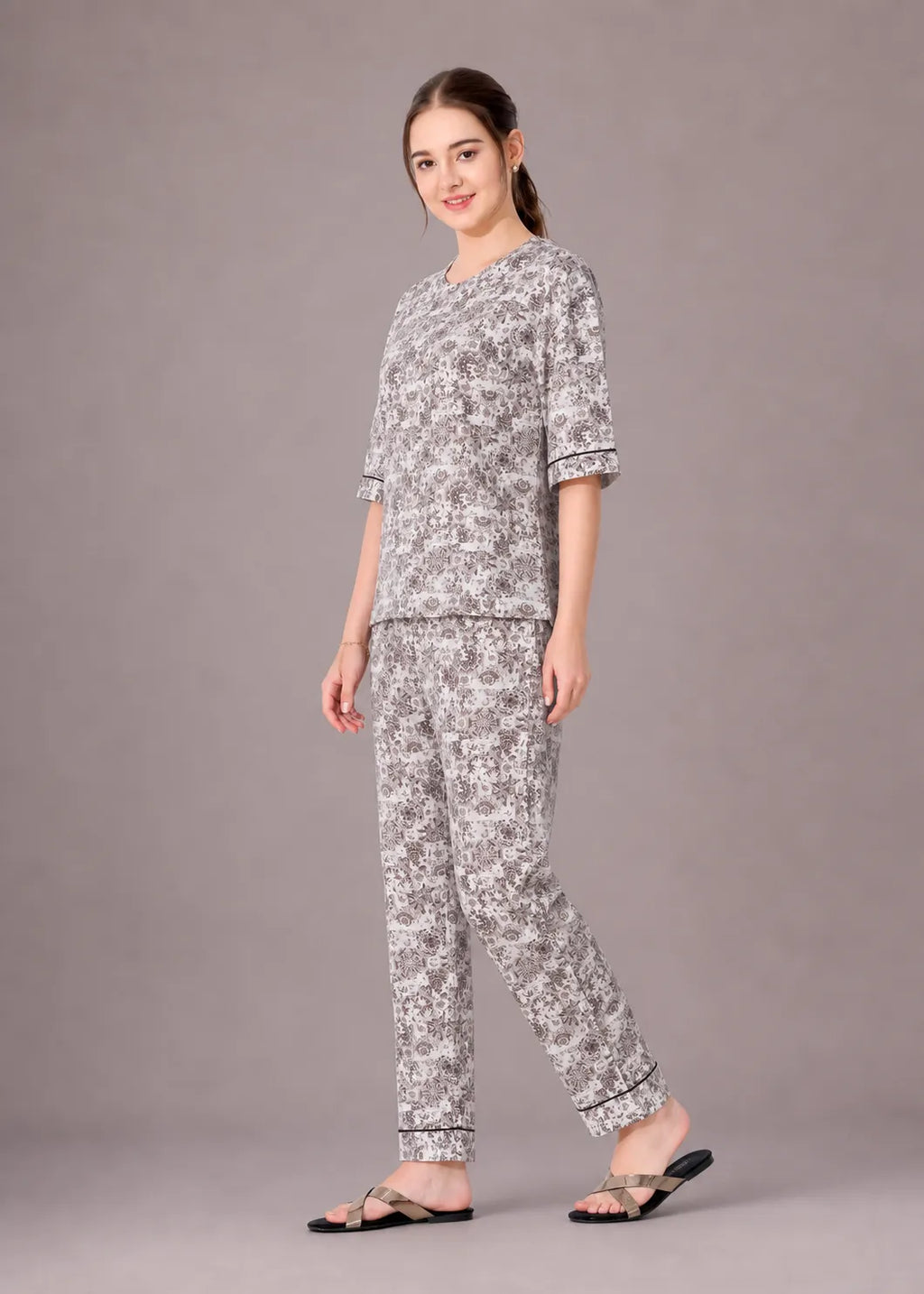 Grey Kalamkari Cotton Nightsuit Set