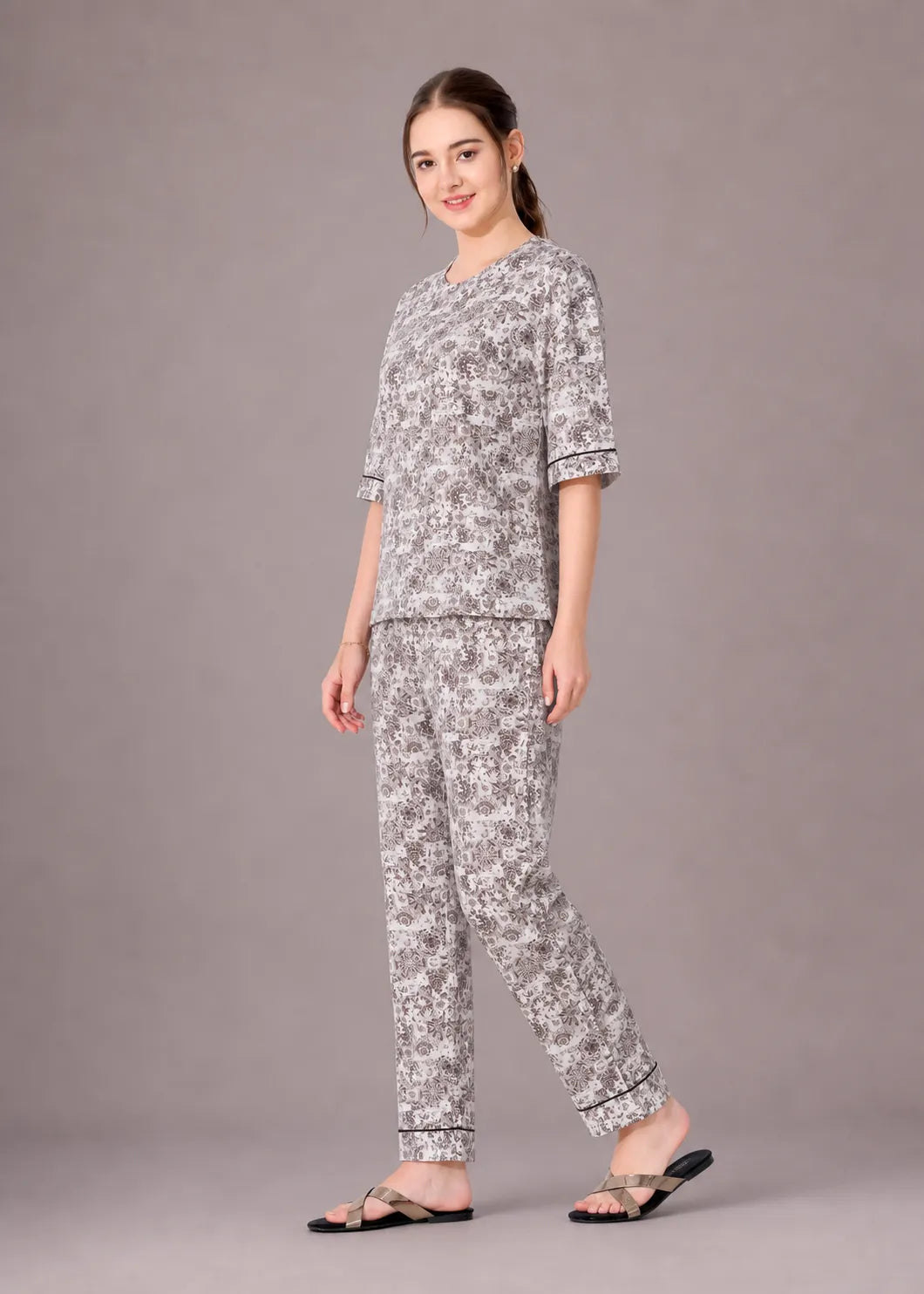 Grey Kalamkari Cotton Nightsuit Set