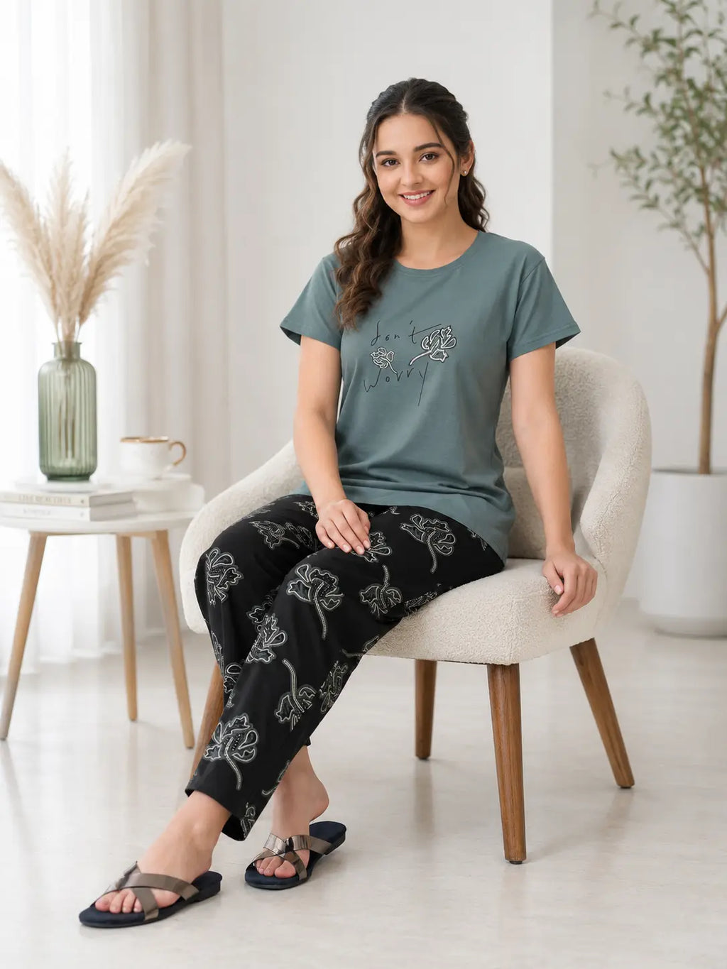 Olive Green Don't Worry Nightsuit Set